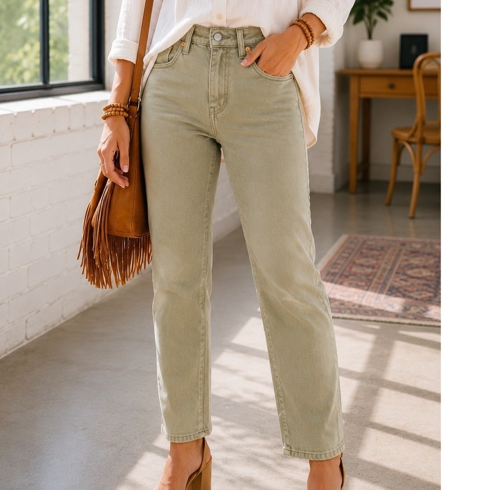 Levis Premium Wedgie Straight Jeans Crop Olive Green High Rise Button Fly Sz 25